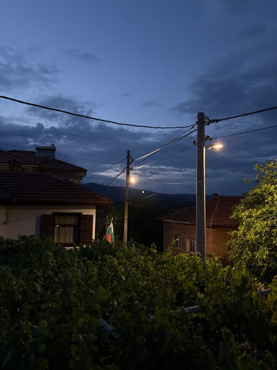 This image depicts a twilight scene in Strelcha, Bulgaria. The primary subjects are the sky, residential buildings, a utility pole with streetlights, and lush green foliage. The sky is a deep blue, transitioning to darker hues with streaks of grey clouds, indicating either the end of the day or an overcast condition. The setting appears to be a residential area, with tiled rooftops and building facades visible.
A prominent utility pole runs vertically through the image, equipped with two streetlights. The upper streetlight is illuminated, casting a warm glow, while the lower one is dimmer or off. Power lines are strung between the pole and other unseen structures, crisscrossing the frame. On one of the buildings, a Bulgarian flag is visible, its colors of white, green, and red suggesting the location is indeed Bulgaria. The surrounding vegetation is dense and green, with leaves illuminated by the artificial light of the streetlamp. The overall mood is quiet and serene, characteristic of dusk in a semi-rural or suburban environment. No people are visible in the frame, and there is no visible text. The time of day is clearly twilight, with the artificial lights beginning to dominate the fading natural light.