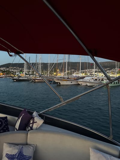 The image captures a serene evening view of the Bodrum marina in Turkey, as seen from the deck of a boat. The foreground is dominated by the cushioned seating area of the boat, adorned with several nautical-themed throw pillows, including ones with starfish and ship's wheel designs. A dark red canopy extends overhead, partially obscuring the sky.
Beyond the boat, the water is calm, reflecting the soft lights of the city. Numerous sailboats and yachts are moored in the marina, their masts creating a dense, intricate silhouette against the twilight sky. In the background, the hillside overlooking the marina is densely populated with white buildings, characteristic of Bodrum's architecture, illuminated by warm lights. The overall impression is one of peaceful harbor activity at dusk.