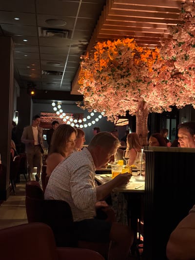 The image captures a vibrant indoor scene at what appears to be a restaurant or bar. A large decorative tree with pink and orange blossoms extends from the ceiling, creating a focal point. Multiple patrons are present, including a couple seated in the foreground. One is wearing a light-colored checkered shirt. Another patron is seated close to the bar, observing the bartender. The location seems like a modern establishment with dark-paneled walls and ambient lighting. It is a gathering place where people interact and enjoy the atmosphere. The picture was most likely taken in the city of Naples, United States of America.