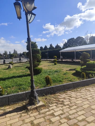 A scene in a park or garden on a sunny day shows a wrought iron lamppost dominating the foreground. Beyond, a lush green lawn with sculpted bushes and small trees is visible. A covered structure sits in the distance. The background shows a clear blue sky dotted with fluffy white clouds. The foreground shows a brick walkway, adding texture to the lower portion of the image.