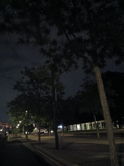 The image depicts an outdoor scene at night, likely in a park or urban walkway, featuring several trees with dense foliage casting shadows. The sky is dark and cloudy, with some faint illumination suggesting ambient light. In the background, a modern building with large, well-lit windows is visible, suggesting it may be a public facility or commercial space. A pathway runs through the foreground, lined with trees and lampposts, some of which are illuminated. There are no people clearly visible in the image, though some figures might be present in the distance, indistinct due to low light conditions. The overall atmosphere is tranquil and serene, with the artificial lights creating a warm contrast against the natural darkness. While the image does not provide explicit geographical markers, the architectural style of the building and the urban planning evident in the layout of the walkway could be consistent with a modern development in a European city.