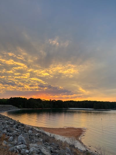This image depicts a natural landscape during sunset, specifically a large body of water bordered by forested land and a rocky shoreline, consistent with Lake Lanier near Buford, United States. The sky exhibits a gradient of color, from light blue and grey at the zenith to vibrant oranges, yellows, and reds near the horizon, indicative of a sunset. Stratocumulus and altocumulus clouds are present, some illuminated brightly by the sun's low angle, casting visible crepuscular rays through the upper portions of the clouds. The sun itself is not directly visible, being obscured by a dark green treeline that forms the horizon across the middle of the frame.
The expansive body of water, likely a lake or reservoir, occupies the lower half of the image and reflects the warm colors of the sky, creating a shimmering surface with small ripples. The water's edge in the immediate foreground consists of a large accumulation of grey, irregular rocks, characteristic of riprap, interspersed with dry, sparse vegetation. Towards the right side of the foreground, a small, irregular promontory of reddish-brown soil extends into the water. A thin, pale marker pole stands vertically in the water on the right. In the middle ground, across the water, a dense line of dark green deciduous and coniferous trees forms the opposing bank. A section of light-colored ground, possibly a sandy beach, is discernible in the distance along that bank. A paved road or path is partially visible behind the rocky embankment on the far left. No human figures or active human interactions are visibly present.