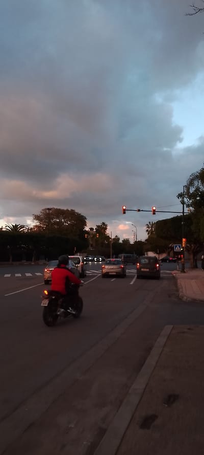 The image depicts an urban street scene at dusk, likely in Aïn El Aouda, Morocco. The sky is largely overcast with grey clouds, but soft pink, orange, and light blue hues are visible along the horizon, characteristic of sunset or sunrise.
In the foreground, a person wearing a red jacket and a helmet rides a motorcycle in the left lane, facing away from the camera. The motorcycle's taillight is visible. Several cars are on the road; some are stopped behind the motorcycle, while others further down the street have their headlights illuminated.
Two traffic lights are prominently displayed overhead, both showing red, indicating that traffic should halt. Lush trees, including distinctive palm trees, line the street on both sides, silhouetted against the dimming sky. A sidewalk is visible along the right edge of the frame, alongside a blue and white pedestrian crossing sign.
The overall lighting is low, typical of twilight, with artificial lights from vehicles and traffic signals providing points of brightness. The scene captures the calm activity of evening traffic at an intersection. No visible text is clearly legible on license plates or signs.
