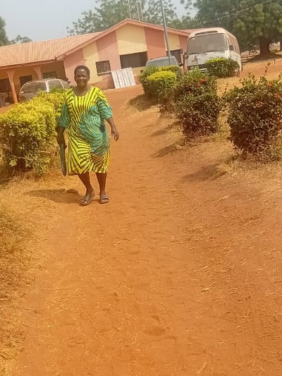 A single adult female walks along a reddish-brown dirt path in Ayangba, Nigeria. She is positioned towards the center-left of the frame, facing forward with a slight angle to her right, and is smiling directly at the viewer. She has a dark complexion, short dark hair, and wears a loose-fitting, knee-length dress patterned with yellow, green, and blue stripes. Dark open-toed sandals are visible on her feet. In her left hand, she carries a dark, slender object, possibly an umbrella or folded item.
The environment consists of a wide dirt path with scattered dry grass. On either side of the path, well-maintained green bushes are present, some with small reddish flowers. In the background, a light yellow and reddish-brown building with a reddish roof is visible, appearing to be a school or institutional structure. A white mini-bus is parked behind bushes to the far right, and a silver sedan is partially visible behind bushes to the far left. White panel-like objects lean against the wall of the main building. A utility pole stands to the left of the main building. Trees are visible in the distant background. The scene is brightly lit, indicating daytime conditions.