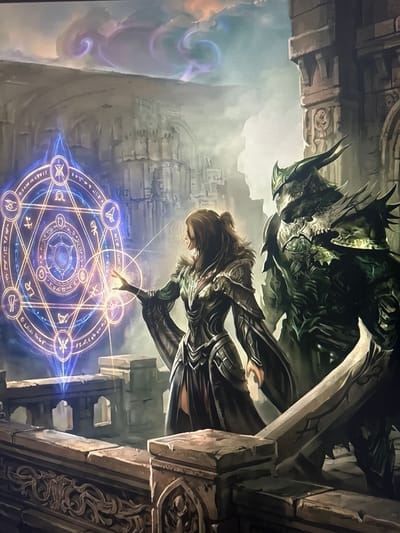 This is a digital painting depicting a fantasy scene. In the foreground, a woman with long brown hair, wearing ornate armor and a flowing dark dress, stands to the left. She is casting a spell, as indicated by a glowing, intricate magical circle with runes floating in front of her. To her right stands a large, imposing figure clad in green, spiky armor, resembling a dragon or a similarly armored creature. They appear to be on a stone balcony or rampart, overlooking a city or ruins in the background. The sky above is dramatic, with swirling clouds in shades of purple and pink. The architecture in the background suggests an ancient, possibly ruined, city. There is no indication or detail in the image that connects it to the city of Dondușeni, Moldova, or any specific real-world location.