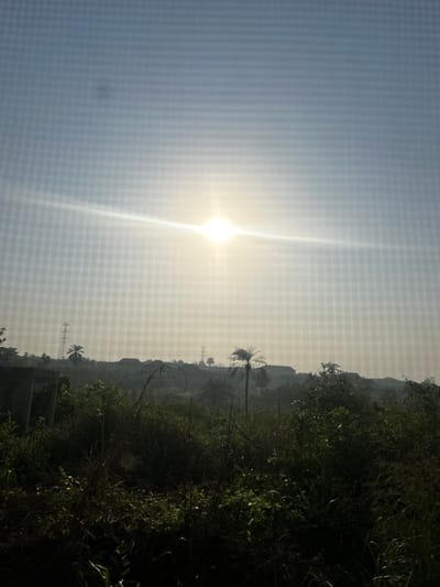 The image captures an outdoor scene in Debasco, Nigeria, characterized by bright sunlight and hazy atmospheric conditions. A prominent, intensely bright white sun with distinct lens flare is positioned centrally in the upper half of the frame, illuminating a light-blue to white sky. A distinct grid pattern is visible across the entire image, superimposed over the content.
The foreground is dominated by dense, unkempt green and brown vegetation, including tall grass and various bushes. To the far left, a partially constructed or dilapidated concrete structure, dark in color, is visible amidst the foliage.
The midground and background consist of elevated terrain or rolling hills, heavily covered in dark-green vegetation, including several tall palm trees. Scattered across these hills are multiple structures with dark rooftops, partially obscured by the pervasive atmospheric haze. Several electricity pylons are discernible on the distant hills, indicating power infrastructure. No individuals or specific actions are identifiable within the frame.