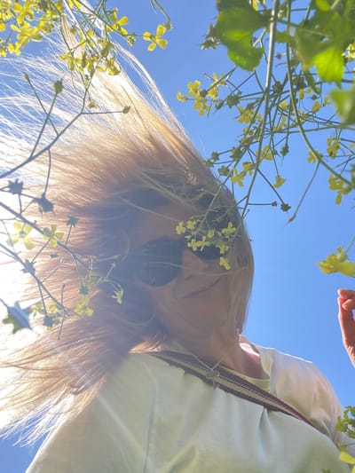 A low-angle shot looking up towards a light blue sky reveals a person with long, blonde hair positioned above the camera. They are wearing sunglasses with dark lenses that obscure the eyes. A light-colored shirt or garment is visible on the right side of the frame, with suspenders or straps of brown and tan fabric running diagonally. Yellow flowers on thin green stems are scattered throughout the foreground, partially obscuring the person's face and hair. The sun is positioned behind the flowers and hair, creating a bright glare. No specific details confirm that the scene is located in Polje, Montenegro.