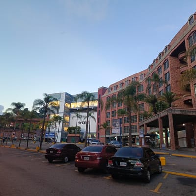 The image depicts an exterior view of a commercial building complex in Carrizal, Venezuela, likely taken at dusk. In the foreground, a paved parking lot is visible with several cars parked. The cars include a dark red sedan, a maroon sedan with a license plate reading "AB639KE", and a black sedan with a license plate reading "AH359AA". Yellow parking space markers are painted on the asphalt.
The main subject is a large, multi-story building with a facade primarily constructed of red brick, featuring numerous windows and arched architectural details. To the left of the brick building is a modern structure with a glass facade and visible interior lighting, which appears to be a shopping center or mall. Tall palm trees are interspersed between the buildings and along the side of the parking lot. Signs are visible on the buildings, including one that reads "Trak" and another with "MultiMax". Further in the background, a raised roadway or bridge structure is present. The sky is a pale blue, indicating twilight or early evening. No people are clearly visible interacting with each other. The scene appears quiet and devoid of significant activity.