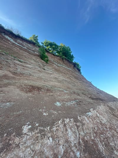 The image shows a steep, eroded cliff face with reddish-brown soil and lighter-colored rock formations. Green trees and shrubs grow along the top edge of the cliff. The sky above is clear and blue with some wispy clouds. The scene appears to be a natural landscape, possibly a coastal or riverbank erosion site. There are no people or man-made objects visible in the image. The specific location in Galevo, Russia cannot be determined from the image alone.