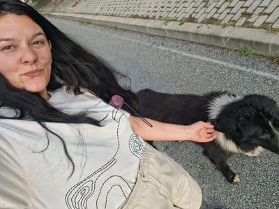 An adult woman with long dark hair is taking a selfie outdoors. She is wearing a white t-shirt with black stitching and light-colored pants. Next to her, a black and white dog is lying down. The woman's left arm is extended, and her hand is touching the dog's ear. A pink object is visible on a leash attached to the dog's collar. The ground is asphalt, and there is a paved walkway with grey concrete edging and rectangular pavers in the background. The scene appears to be a street or sidewalk in Gotse Delchev, Bulgaria.
