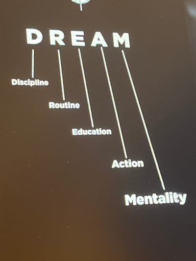 The image displays a dark, blurry background with text arranged in a diagram. At the top, the word "DREAM" is written in large, white, capitalized letters. Below "DREAM," white lines descend diagonally, connecting to individual words. The first line connects to "Discipline," the second to "Routine," the third to "Education," and the fourth to "Action." A fifth line, longer and more steeply angled, connects to "Mentality" at the bottom right of the image. There are no people, objects, or specific environmental details visible that would suggest a location in Pobiedziska, Poland, or any other city. The image appears to be a digital graphic or screenshot with no discernible real-world context.