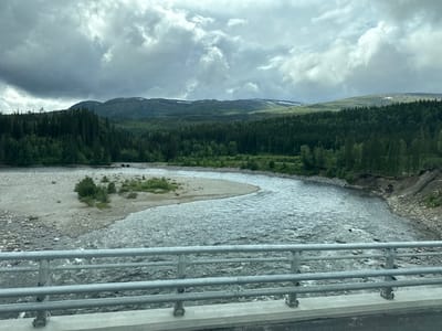 This media file captures a wide-angle view of a scenic river landscape under a cloudy sky. The foreground is dominated by a modern metal guardrail of a bridge, suggesting the perspective is from a vehicle or a pedestrian walkway. Beyond the railing, a wide, rocky river flows, with visible ripples and currents indicating movement. The riverbanks are a mix of gravel, sand, and sparse vegetation, with a prominent sandbar curving into the water on the left side of the frame.

In the middle ground, dense, dark green coniferous forests stretch across rolling hills. The trees form a thick canopy, creating a stark contrast with the lighter sky. Further in the distance, rolling mountains rise, their peaks softened by the atmospheric conditions. Patches of snow are visible on some of the higher elevations, hinting at a cooler climate. The sky itself is dramatic, filled with heavy, grey clouds, but with breaks allowing diffused sunlight to illuminate parts of the landscape, particularly the distant mountains. This suggests a time of day that is not peak sunlight, possibly late afternoon or a period of changing weather.

There are no people or specific objects that stand out, apart from the bridge structure. The overall mood is one of natural grandeur and a sense of remote wilderness. The presence of the bridge is the only indication of human infrastructure. The location is identified as Trofors, Norway, a region known for its natural beauty and river systems. There is no visible text in the image.