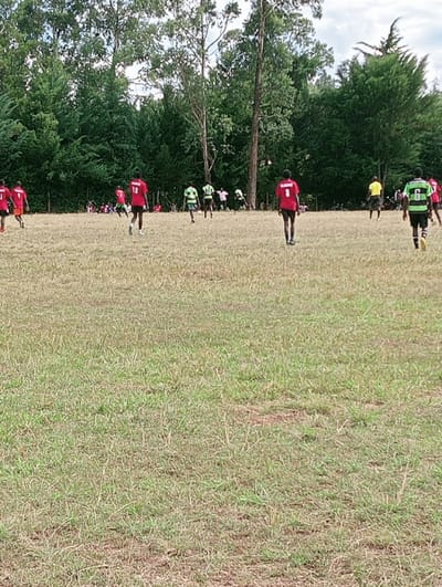 The image depicts an outdoor soccer match in Lwandeti ward, Kenya. Approximately 15-20 individuals are present. Multiple male players, varying in age, are distributed across a dry, sparse grass field. Players are primarily wearing colored jerseys: several in red (numbers 1, 3, 11, 12 visible), and several in light green and black striped jerseys (number 6 visible). Other players wear yellow or indistinctly colored shirts. Players are in various stances, suggesting ongoing play or movement; one player in a red jersey with the number 3 on the back is walking towards the foreground, away from the distant action. A group of smaller figures, presumed to be spectators, is visible along the tree line in the mid-ground, particularly on the left side. The background consists of a dense line of tall, leafy green trees under a partially cloudy sky. No soccer ball is explicitly visible.