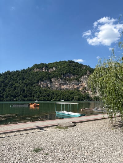 The image depicts a serene waterside scene, likely in Divic, Bosnia and Herzegovina, under a bright, sunny sky with scattered white clouds. The orientation of the image is vertical.
The foreground is dominated by a gravel path and a paved walkway bordering a calm body of water. Along the water's edge, a light blue and white boat is docked, its railing clearly visible. Further in the water, an orange floating structure, possibly a small boat or a piece of equipment, is also present. A prominent feature is the lush green foliage of a weeping willow tree, its branches hanging down towards the water and the path.
In the background, a majestic, tree-covered mountain rises steeply from the water. The mountain's rocky face is partially exposed, adding texture to the natural landscape. The water is a deep green, reflecting the surrounding greenery and the sky.
The time of day appears to be midday, given the bright sunlight and the shadows cast by the willow tree. The weather is fair and pleasant. The overall mood is peaceful and tranquil, suggesting a leisurely day by the water. No people are visible in the image. There is no visible text.