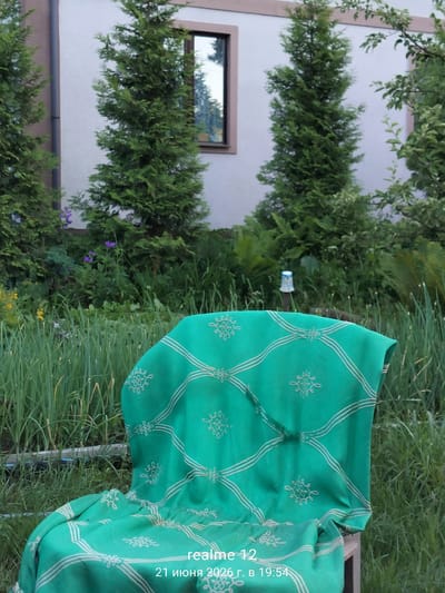 In the city of Космос-2 Снт, Russia, a green fabric with white patterned embroidery is draped over a wooden structure, possibly a chair, in an outdoor setting. The fabric features a repeating diamond pattern with floral motifs in the center of each diamond and lines connecting them. Behind the fabric, a garden is visible, with rows of green, tall plants that appear to be onions or similar vegetables. Beyond the garden, several evergreen trees stand tall, with one visible house wall and a window reflecting the surrounding greenery. The overall environment suggests a peaceful, residential garden scene.