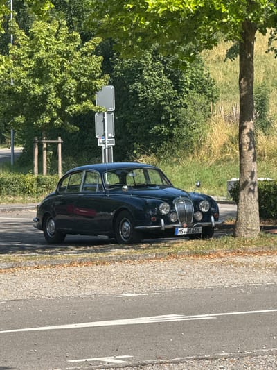 A dark-colored, vintage car is parked on the side of a paved road. The car has a chrome grille and headlights. The license plate is visible and reads "MS JM 68H". The car is positioned with its front facing to the left of the frame, and the perspective is from slightly above and to the right of the car.
The scene is outdoors, with a grassy area and trees to the left of the car. Sunlight is casting shadows, suggesting it is daytime, likely afternoon given the angle of the light. The weather appears to be clear and sunny. In the background, there are more trees and vegetation. A tree trunk is prominently visible in the left foreground. Traffic signs, one with a rectangular grey face, are also visible behind the car. The road has white lines marking the lanes. The ground next to the road is covered in gravel and dry leaves. The overall setting appears to be a roadside in a rural or semi-rural area. There are no people visible in the image. The image conveys a sense of a quiet, sunny day.