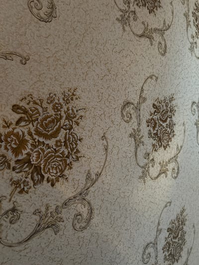 The image shows a close-up view of a textured surface, possibly wallpaper or fabric, with a repeated floral pattern. The pattern consists of ornate brown floral arrangements and accompanying scrollwork on a light beige background with a fine speckled texture. The lighting is uneven, creating highlights on the surface. The location of the image in Манкент, Kazakhstan is not directly depicted and can not be confirmed from the image itself.
