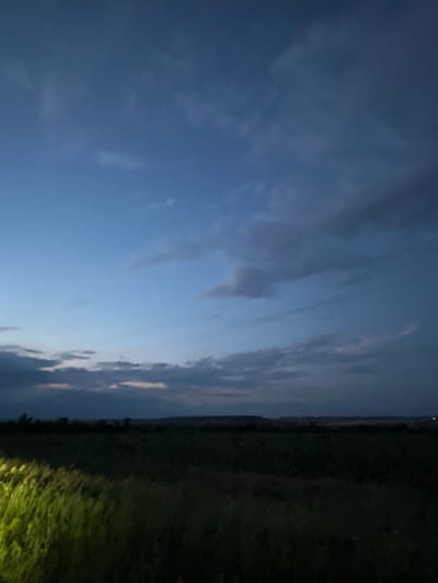The image depicts a wide, open field at dusk in Poltavka, Ukraine. The sky is a deep blue with scattered, dark clouds, suggesting the end of daylight. A distant, dark horizon is visible, possibly indicating rolling hills or treelines. The foreground is dominated by a field of dark green grass or crops, with a bright, yellowish light illuminating the left side of the frame, suggesting a light source such as a vehicle headlight. The overall impression is of a rural landscape transitioning from day to night. There are no people or discernable actions taking place within the scene.