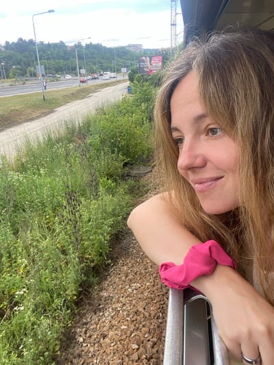 A medium shot captures a woman looking out a window, her head and shoulders filling the right side of the frame. She has long, light brown hair and is looking to her left with a slight smile. Her left arm is resting on a metal bar, and a bright pink scrunchie is visible on her wrist. Outside the window, a busy highway is visible with several cars and vans driving on it. Green trees and buildings line the background, and a cloudy sky completes the scene. The location is Rakovica Urban Municipality, Serbia.