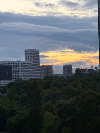 The image depicts a cityscape in Dolgoprudny, Russia, at dusk. The sky is filled with dramatic clouds, transitioning from a pale yellow and orange hue near the horizon to dark gray and blue overhead. Several modern, multi-story buildings are visible, predominantly white and gray, with rows of windows. One tall, slender building stands out in the center, flanked by wider, blockier structures. In the foreground, a dense canopy of dark green trees creates a stark contrast with the urban landscape. The trees appear to be a mix of deciduous types. The overall scene suggests an urban environment partially reclaimed by nature, viewed during the twilight hours.
