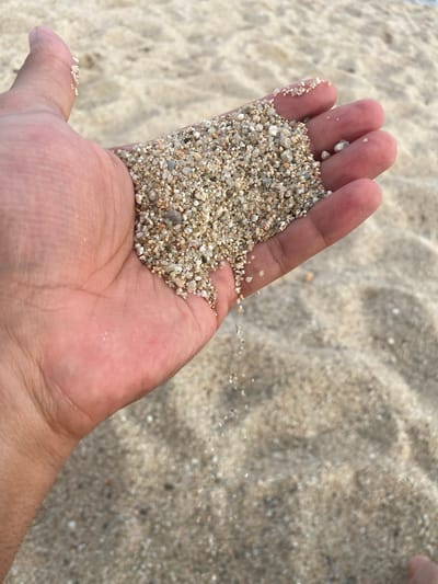A close-up, top-down view of a person's open palm filled with a handful of sand and small pebbles. The sand is composed of various shades of beige, white, and grey particles, with some darker specks interspersed. A few grains of sand are falling from the palm, creating a dynamic element in the image. The background consists of more sand, suggesting a beach environment. The image's composition focuses on the texture and detail of the sand within the hand, with the broader beach serving as a soft, out-of-focus backdrop. This scene is located on the beach of Vilassar de Mar, Spain.