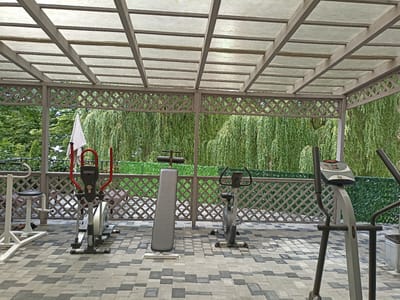 The image shows an outdoor gym area located in the city of Solnechnoe, Ukraine. The gym is situated under a covered patio with a translucent roof supported by wooden beams. The patio is enclosed by a wooden lattice fence. In the foreground, there are several pieces of exercise equipment, including an elliptical trainer with red handlebars, a weight bench, a stationary bicycle, and another elliptical trainer on the right. The ground is paved with grey and black interlocking tiles. Behind the fence, there are lush green trees, appearing to be weeping willows, creating a natural backdrop. A white flag is visible on the left side of the image. There are no people present in the scene. The overall impression is a well-maintained outdoor fitness space integrated with nature.