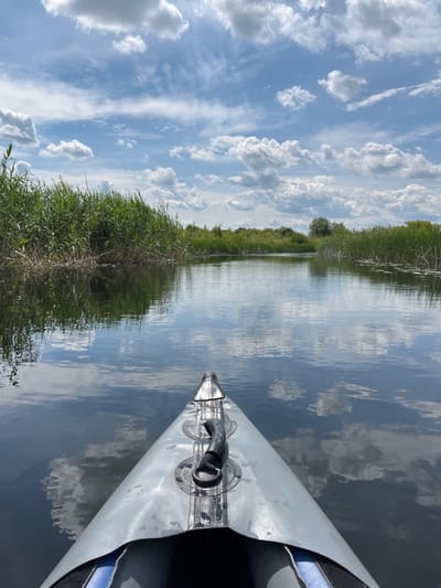 The image shows a first-person perspective from inside a kayak, moving down a calm, dark river. The river is flanked by dense green reeds on both sides, with a few scattered trees visible in the distance. The sky is bright blue with fluffy white clouds, which are reflected in the still water. The bow of the kayak, made of a gray, inflatable material, is visible in the foreground, with a black carrying handle and silver attachments. The scene appears to be a natural, serene environment, likely a river or canal. The location is identified as Shchuchye, Russia. There are no people or animals visible in the image.