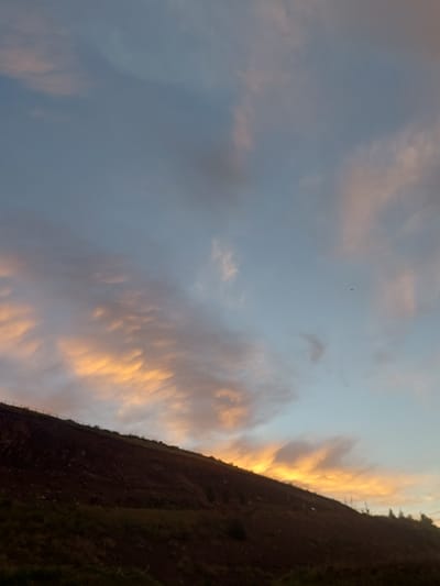 The image depicts a rural, natural landscape at dusk in Bordunskiy, Kyrgyzstan. The foreground is dominated by a dark, sloping hillside, covered in rough vegetation and soil. A low fence line runs along the crest of the hill. The sky above is a gradient of pale blue and soft orange, illuminated by the setting sun. Wispy clouds catch the last rays of light, creating streaks of vibrant color. The overall atmosphere is peaceful and serene, characteristic of a twilight rural setting.