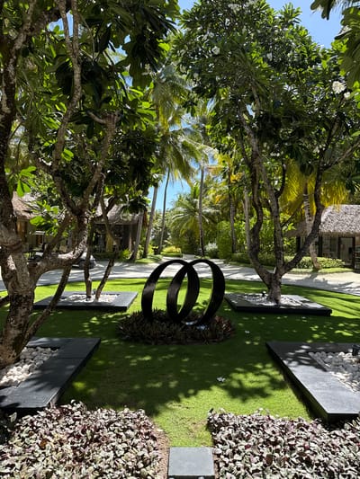 The image depicts an outdoor tropical resort setting, possibly in the Maldives, with lush green grass, palm trees, and tropical vegetation. In the foreground, there is a modern art sculpture composed of two intertwined black rings, placed on a bed of dark red and green foliage. Two trees with gnarled trunks and abundant green leaves, some bearing white flowers, frame the sculpture. Each tree is situated within a square, dark-grey planter filled with white pebbles. Beyond the immediate garden area, a paved pathway is visible, bordered by more meticulously manicured grass. In the midground, thatched-roof buildings with open-air facades are visible, suggesting shops or resort amenities. Golf carts are parked near one of the buildings. The background is filled with a dense canopy of palm trees and other tropical foliage, under a clear blue sky, indicating a sunny day. The scene conveys a sense of luxurious tranquility and tropical ambiance.