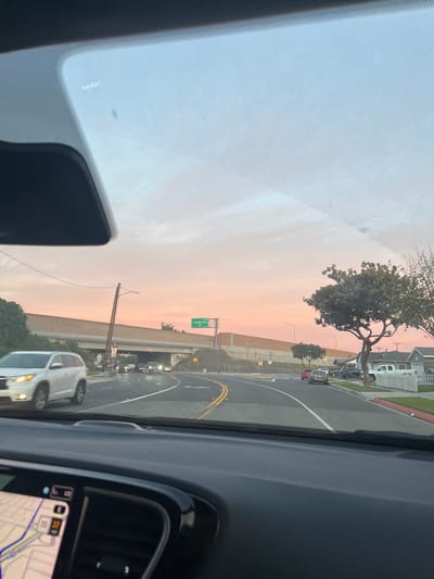 Captured from inside a vehicle, the image presents a street scene under a pink-tinged sky. A tree stands roadside near houses. Below, a freeway overpass is visible with cars traveling beneath. A green highway sign hangs above the road, and a white SUV is in the foreground. The vehicle's dashboard and navigation screen are partially visible. The image is vertically oriented.