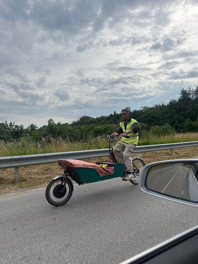 The image shows a person on a three-wheeled bicycle with a cargo box. The person is wearing a yellow reflective vest, sunglasses, and light-colored pants. They are looking forward and appear to be riding the bicycle. The bicycle has a green cargo box with a pinkish blanket draped over it. The rear wheel of the bicycle is visible and appears to be motorized.
The scene is a roadside in what appears to be a rural or semi-rural area. There is a guardrail along the side of the road, and beyond the guardrail, there is tall grass and a wooded area with many trees. The sky is cloudy, with a mix of gray and white clouds, suggesting an overcast or partly cloudy day. The road is paved and appears to be asphalt. A car's side mirror is visible in the upper right corner of the image, suggesting the photo was taken from a vehicle.
The activity is a person riding a cargo bicycle. The time of day is not explicitly clear, but the lighting conditions suggest it is daytime. The location is identified as Prisovo, Bulgaria. There is no visible text in the image. The overall mood is neutral, focusing on the act of cycling with cargo.