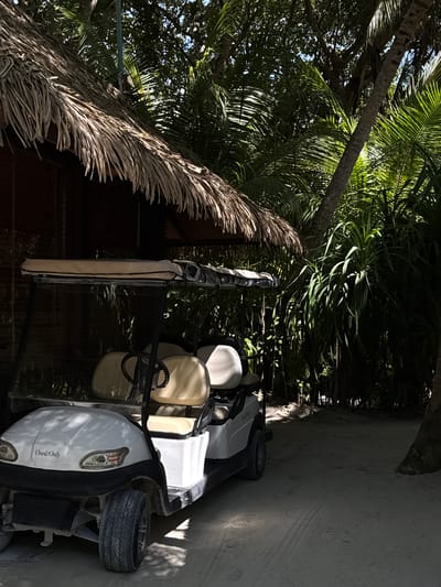 A white golf cart is parked on a sandy path in front of a wooden building with a thatched roof. The building and the golf cart are partially covered in shadows cast by dense palm trees and other tropical vegetation that surrounds the area. The golf cart has two rows of tan seats and a clear windshield. The "One&Only" logo is visible on the front of the golf cart. The environment appears to be a resort in the Maldives.