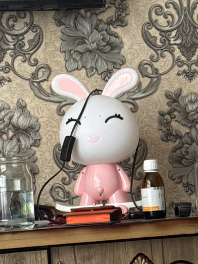The image shows a white bunny-shaped lamp with pink ears, wearing what appear to be black headphones. The lamp is placed on a surface with textured wallpaper that features a floral, damask-like pattern in shades of beige and gray. To the right of the lamp, a small brown glass bottle with a white cap and a white label containing a barcode and some text is visible. The bottle is attached to a black cable, likely connected to the lamp. A pink, doll-like item, possibly part of the lamp's design, is behind the bunny's head. A black in-line switch is attached to the headphone cord. In the lower right portion of the image, a portion of a wooden surface is visible, with horizontal planks. The lighting suggests it is indoors, possibly during the daytime. The overall impression is of a decorative item in a domestic setting. The wallpaper's intricate design and the presence of the lamp suggest a personal space. No specific activity is taking place. The location context provided is Bukhara, Uzbekistan, but there are no visual cues within the image to confirm this.