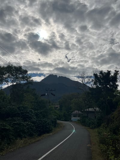 The image shows a road curving through a lush, green landscape, leading towards a large, dark mountain under a cloudy sky. The sun is visible, peeking through a break in the clouds. To the right of the road, a small, light-colored building with a porch is nestled among trees. Power lines run across the upper portion of the image. The scene appears to be a rural or semi-rural area, possibly a mountainous region. The location is identified as Pantanpediangan, Indonesia. There are no people visible in the image.
