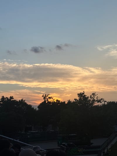 The image shows a sky with orange and white clouds at sunset. Trees are silhouetted in the foreground, along with the edge of a chain link fence and the heads of people in the bottom right corner. A sign partially visible says "Carroll Dragon Band" which indicates the image was taken in Southlake, Texas, where Carroll High School is located. The sun is visible through the trees.
