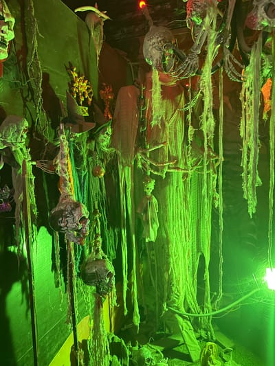 The image depicts a dimly lit, cluttered space decorated for Halloween. The dominant color is a lurid green, cast by unseen lighting, creating a spooky atmosphere. Hanging from the ceiling and walls are various Halloween props, including numerous skulls, some appearing to be skeletal heads with exposed teeth, and others are more stylized representations. Torn and tattered fabric, resembling cobwebs or decaying shrouds, drapes down, adding to the eerie ambiance. In the foreground and midground, several skulls are suspended by rope or wire, some with blood-like stains. There are also skeletal figures, or parts of them, visible amongst the hanging decorations. A few witch hats are present, one adorned with a spiky, golden ornament. In the background, a small, doll-like figure hangs, and at the bottom of the frame, more skulls and what appears to be a small statue or figurine are visible on the ground. The overall impression is one of a Halloween haunted house or elaborate decoration setup, devoid of any discernible human presence in the act of decorating or observing. There is no information in the image to suggest a location in Hoa Lư Ward, Vietnam, or any specific city.