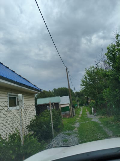 The image depicts a cloudy day in Mamaevskii, Russia, showing a rural scene with houses and a dirt road. In the foreground, a white car's dashboard is visible. To the left, a light-colored house with a blue corrugated metal roof is partially seen, featuring a window and a wire fence in front of it. Beyond this house, another building with a green roof is visible. A dirt and gravel road, lined with grass and trees, runs through the center of the image, leading into the distance. Power lines stretch across the sky, supported by wooden poles. The overall environment is overgrown with vegetation, suggesting a natural, somewhat unkempt setting. There are no people visible in the scene.
