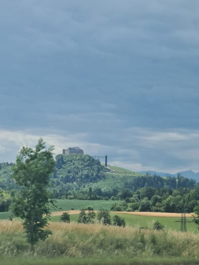 The image depicts a landscape view with a castle on a hilltop. The castle, identified as Burg Frauenstein, is a prominent structure situated atop a lush, tree-covered hill. To the right of the castle, a modern, dark-colored tower-like structure is visible, likely part of a bridge or infrastructure. The foreground features a field of tall, dry grass, with a large green tree on the left side of the frame. In the background, rolling hills and distant mountains are visible under a cloudy sky. The scene appears to be taken during daytime.