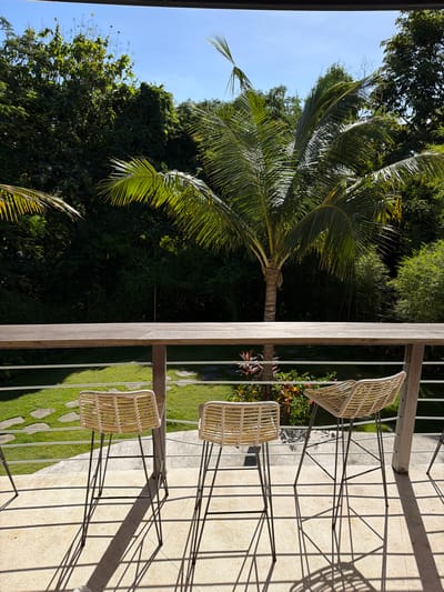 The photograph shows a view from a balcony, likely located in Uluwatu, Indonesia. On the left side, there is a tall palm tree with its fronds extending into the clear blue sky. Lush green vegetation and trees form a dense background behind the palm tree. On the right side of the frame, there is a wooden railing with metal bars. Three rattan chairs are situated behind the railing, casting long shadows on the tiled or concrete balcony floor. Below the balcony, there is a well-maintained green lawn with stone pathways visible. The scene suggests a tropical, outdoor setting in a resort or residential area.