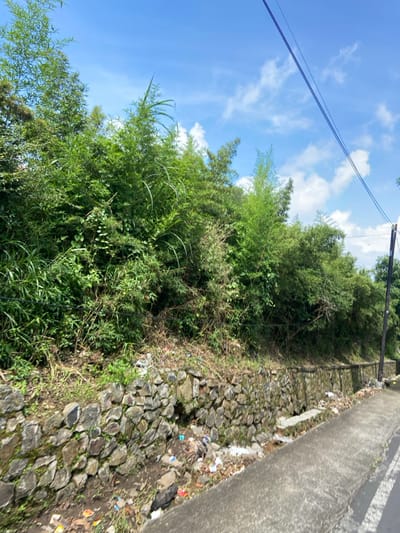 The image shows a roadside in Kecamatan Cisarua, Indonesia, at the coordinates -6.839 latitude and 107.552 longitude. A stone wall runs along the edge of the road. There is green vegetation growing on the hillside, with a few pieces of trash scattered on the ground in front of the wall. Power lines run across the sky, which is blue with white clouds. The road is paved and empty.
