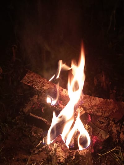 A campfire burns brightly at night, illuminating logs and embers. The fire emits a warm, orange glow, casting shadows on the surrounding dark ground. Wisps of smoke curl upwards, dissipating into the night air. The environment appears to be natural, with hints of dry leaves and grass visible around the fire. There is no indication of human presence or any specific urban features. The scene is solely focused on the fire itself.