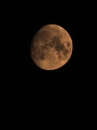 The image displays a close-up view of the moon against a black, starless sky. The moon, illuminated by an unseen light source, shows surface details such as craters and maria, rendered in shades of brown and orange. The image is taken from Montrouge, France. There are no people, animals, or man-made structures visible.