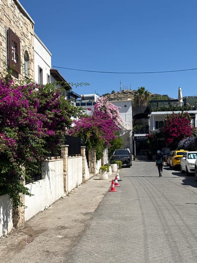The image depicts a bright, sunny day in Bodrum, Turkey. A street scene unfolds with a focus on a row of buildings adorned with vibrant purple and pink bougainvillea. A person is walking on the right side of the street, casting a shadow on the asphalt. There are several cars parked on the street, including a yellow taxi and a black sedan. Orange traffic cones are placed along the sidewalk.
The architecture suggests a Mediterranean or Aegean style, with white stucco walls and stone accents. The buildings appear to be businesses or residences. One building has a sign that reads "RESPİRO HOTEL." The hilly landscape in the background, characteristic of Bodrum, is visible under a clear blue sky, indicating fair weather. The time of day is likely mid-morning or early afternoon due to the strong sunlight and prominent shadows. The overall impression is one of a lively, sun-drenched street in a popular tourist destination.