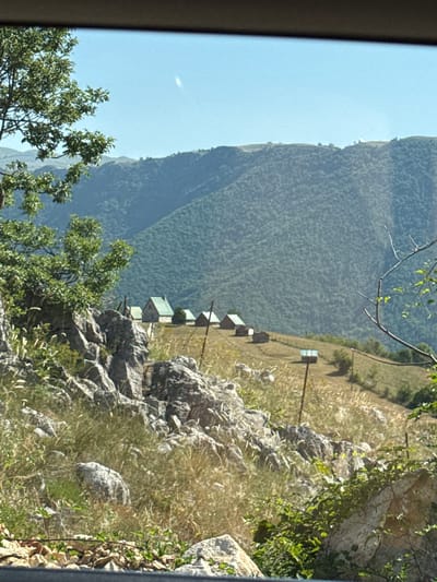 The image depicts a rural mountainous landscape under a clear blue sky. In the foreground, there are large gray rocks and dry grass, with some greenery visible. A tree with dense green foliage is on the left side. In the middle ground, several small, rustic buildings with green roofs are situated on a grassy hillside. Further in the background, rolling, densely forested mountains extend to the horizon. The overall impression is of a remote, natural setting. The image was taken in Bukovac, Montenegro.