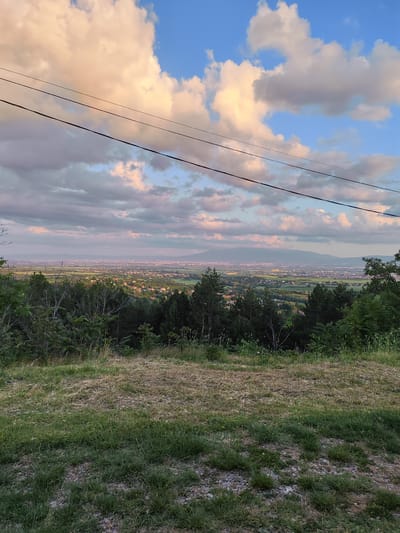 This image depicts a panoramic landscape view from a high vantage point in Dragovishtitsa, Bulgaria, looking westward over a valley at dusk or dawn. The upper third of the frame is dominated by a sky featuring vibrant blue patches interspersed with large cumulus clouds. Some clouds on the left exhibit warm, peachy-orange tones from the low sun, contrasting with cooler grey and white clouds elsewhere. Two dark power lines extend horizontally across the upper sky. The midground is characterized by a dense, irregular band of dark green trees and bushes, signifying a wooded hillside. Below this, the sprawling valley stretches into the distance, revealing a mosaic of cultivated fields, scattered rural settlements, and a prominent, hazy urban area with numerous buildings. A chain of distant mountains forms the obscured horizon. The immediate foreground shows an unkempt patch of ground with a mix of green grass clumps, dry brown vegetation, and visible gravel. No human figures or discernible activities are present.
