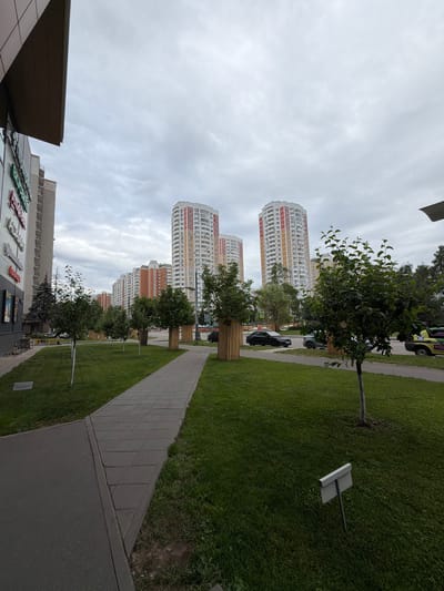 The image depicts a residential area with several tall, modern buildings under a cloudy sky. The buildings are light-colored with red and orange accents and have a curved, rounded facade. In the foreground, there is a paved walkway running alongside a neatly mowed green lawn. Several young trees are planted in wooden planters along the walkway, some with white-painted trunks. In the distance, more trees and buildings are visible. The scene appears to be a public space, possibly a park or courtyard within a residential complex in Moskovskiy, Russia. There are no people visible. A street sign lies on its side in the grass. The overall mood is quiet and overcast, suggesting a mild or cool day. The time of day is unclear due to the overcast conditions.