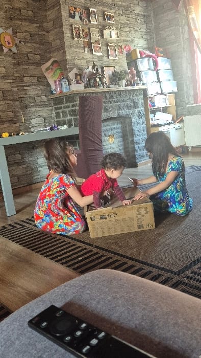 An indoor residential scene in Melle, Belgium, depicts three individuals on a dark brown rug with black horizontal stripes. A toddler, with dark curly hair and wearing a red long-sleeved shirt, is positioned partially inside a brown cardboard box, leaning forward. To the toddler's left, a female child with long dark hair, dressed in a red floral pattern dress, kneels and appears to be assisting the toddler with the box. Opposite the toddler, another female child with long dark hair, wearing a blue and green patterned dress, kneels and looks into the box.
In the immediate foreground, a blurred grey fabric armrest holds a black television remote control. The background features a wall covered in grey, textured wallpaper resembling stacked stone. A stone-faced fireplace with a mantelpiece is centered, adorned with multiple framed photographs, figurines, small potted plants, and bottles. A tall, dark brown fabric-covered column stands in front of the fireplace. To the left of the scene, a grey rectangular table is partially visible. To the right, a window with red and beige striped curtains admits bright natural light, illuminating a wooden shelving unit below it that contains clear plastic bins and other items. A white radiator is also visible beneath the shelving unit. Additional wall decor includes a yellow sun-shaped ornament and a child's drawing taped to the stone-patterned wall.