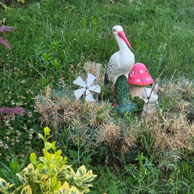 The image depicts a garden scene in Peshtera, Bulgaria, featuring several garden ornaments amidst lush green vegetation. A white stork figurine with a pink beak and orange eyes stands prominently. To its right is a red mushroom figurine with white spots and a smiling face. Partially visible behind the mushroom is a small, light-colored animal figurine, possibly a rabbit. In front of the stork and mushroom, a green boot figurine is situated, and to the left of these, a miniature white windmill is placed. The ornaments are surrounded by various plants, including grass, clover with small white flowers, and some dried, spiky vegetation. In the foreground, a variegated plant with yellow and green leaves is visible. The overall impression is a decorative garden arrangement.