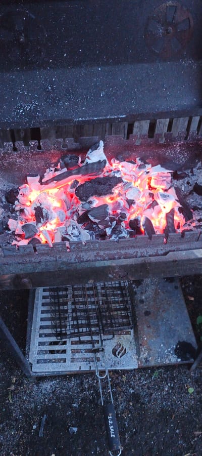The image shows a close-up, high-angle view of a barbecue grill with glowing red coals and charred wood. The grill is made of metal, with a grate at the bottom and a raised section for the coals. A grill fork with a black handle bearing the text "1.-2. SALE" is resting on the lower grate. The surroundings are dark, suggesting it is either dusk or nighttime. There are scattered white particles on the top surface of the grill, which could be ash or remnants of a cleaning product. The scene appears to be outdoors. This scene is likely located in the city of Petukhovo, Russia, as specified.