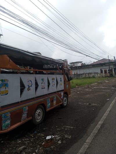 The image depicts an outdoor street scene in Ariyalai East, Sri Lanka, under an overcast sky. In the foreground on the left, a customized brown and light-grey passenger vehicle, possibly a modified mini-bus or truck, is parked off a paved road. The vehicle's side features light grey paneling adorned with various cartoon stickers, including characters from "Tayo the Little Bus" and Doraemon, along with arrow-shaped cutouts. A dark, corrugated canopy with a scalloped edge covers the rear passenger area, displaying partially visible text such as "ATARIWIRA". The ground immediately adjacent to the vehicle is unpaved, consisting of dark soil, gravel, and scattered debris. To the right of the vehicle, a patch of unkempt green grass separates the immediate foreground from a weathered, single-story building with a light-colored facade and dark-framed openings. Further behind this structure, parts of additional buildings, one with a reddish-brown tiled roof, are visible. A dense network of black utility lines stretches horizontally across the upper two-thirds of the frame against a uniform grey, cloudy sky. The asphalt road, marked with a white edge line, runs along the right side of the image, receding into the distance. No individuals or discernible actions are present.